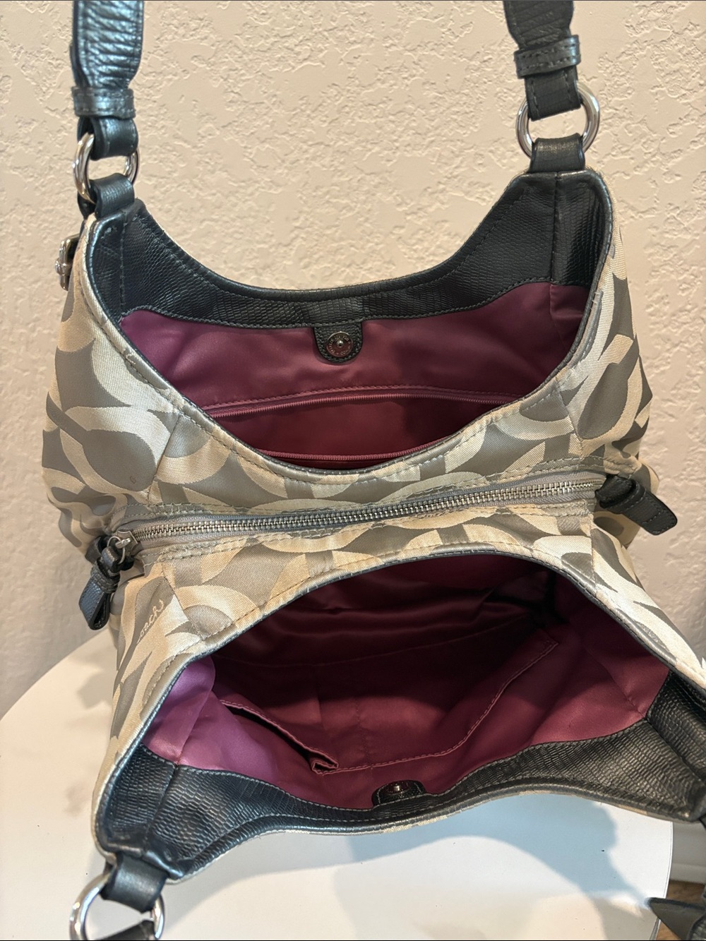 Coach Madison Maggie Shoulder Bag features a beige and silver signature - Picture 5 of 16